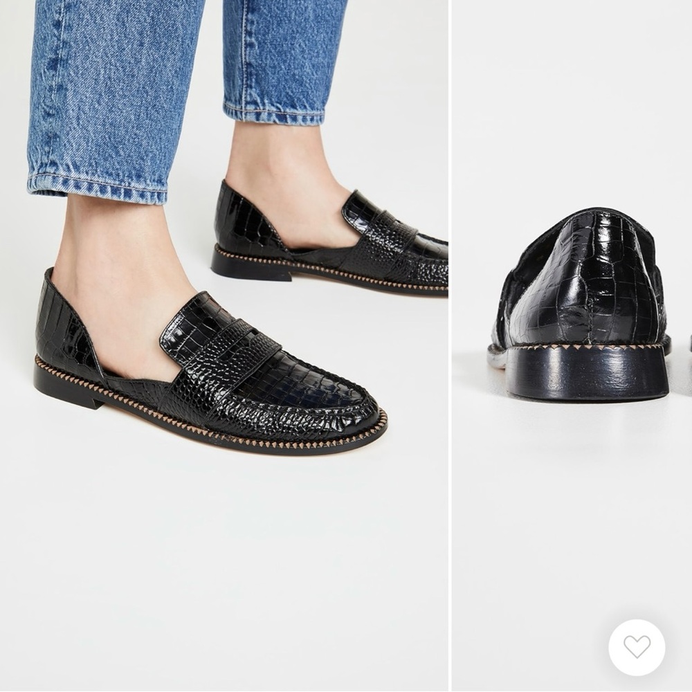 Freda Salvador Black Croc-Embossed Penny Loafers with Contrast Stitching